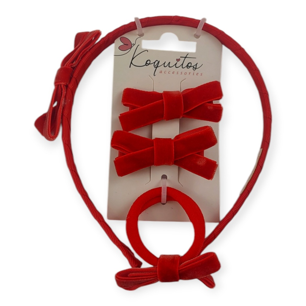 Set diadema, 2 pinzas y coletero lacito terciopelo