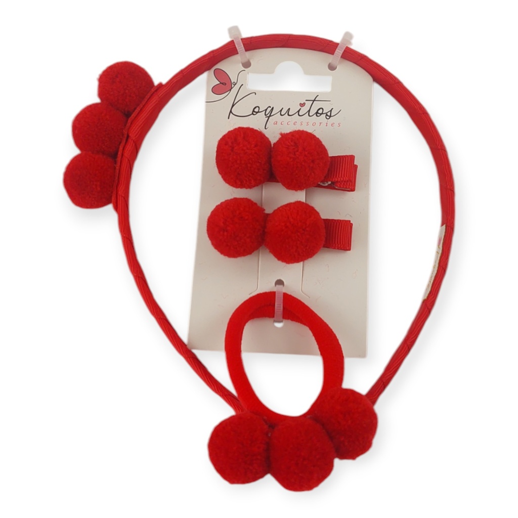 Set diadema, 2 pinzas y coletero pompones